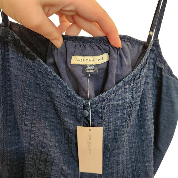 American Eagle Pintuck Sleeveless Boho Button Up Tank Top Navy Blue Medium - Picture 8 of 12